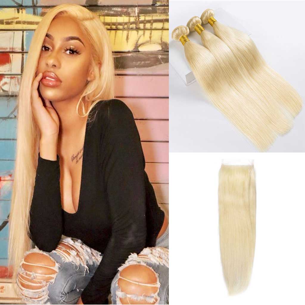 613 Blonde Human Hair 3 Brazilian Straight Bundles With Lace Closure ...